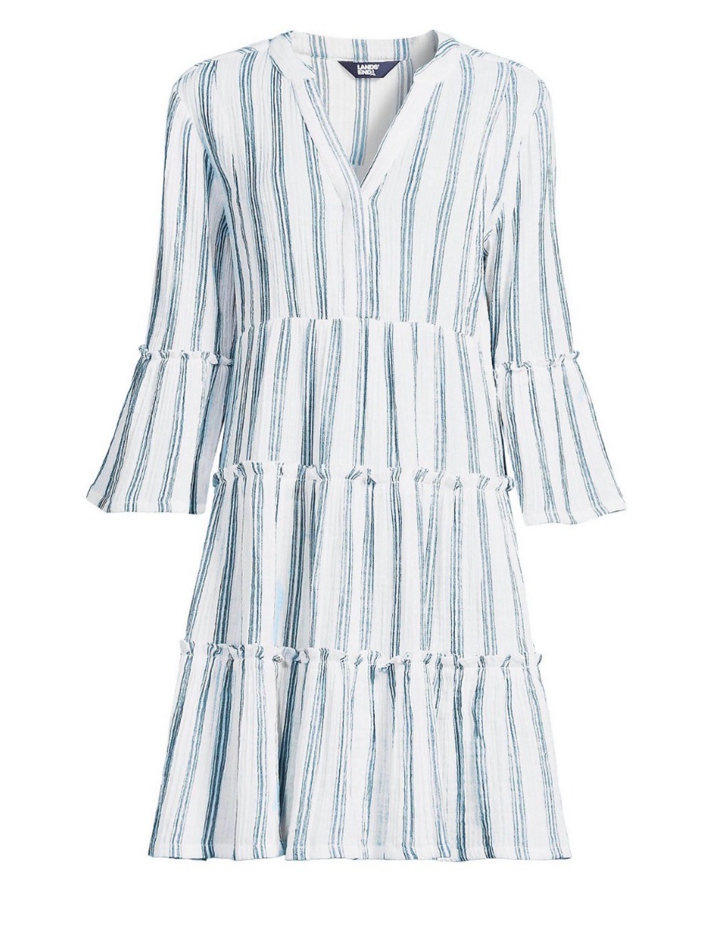 Lands' End Striped Tiered V-Neck Midi Dress - White & blue/Gray